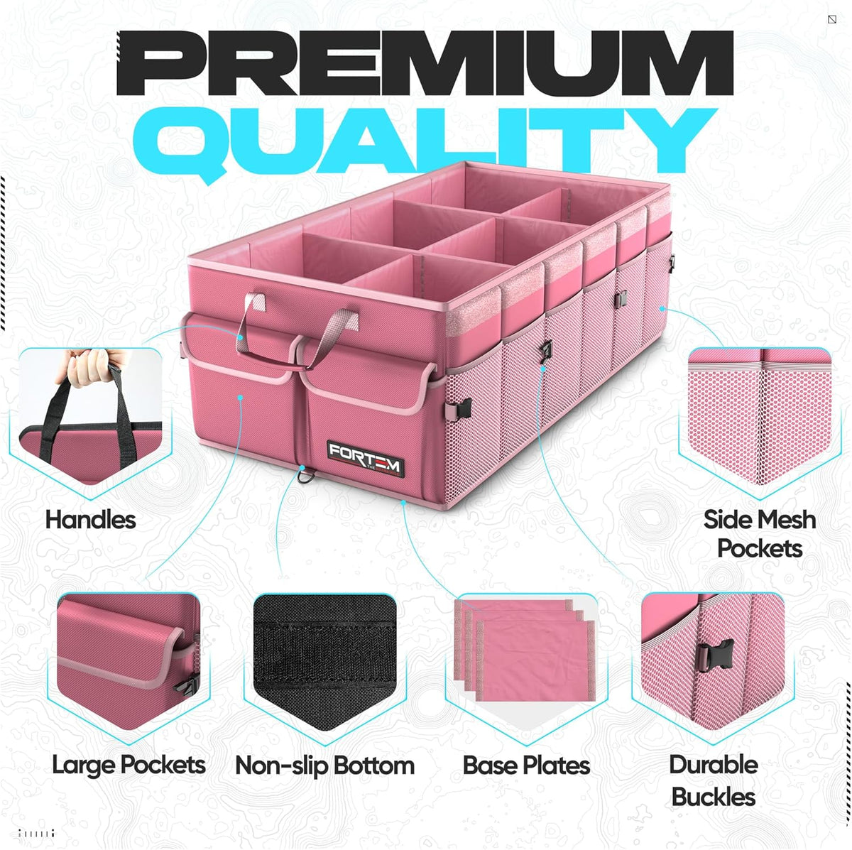 FORTEM Car Trunk Organizer, Collapsible Multi Compartment Car Organizer, Foldable SUV Storage for Car Accessories for Women Men, Non Slip Bottom, Securing Straps, Soft Cover 50L (Black, Standard) - PuriLite