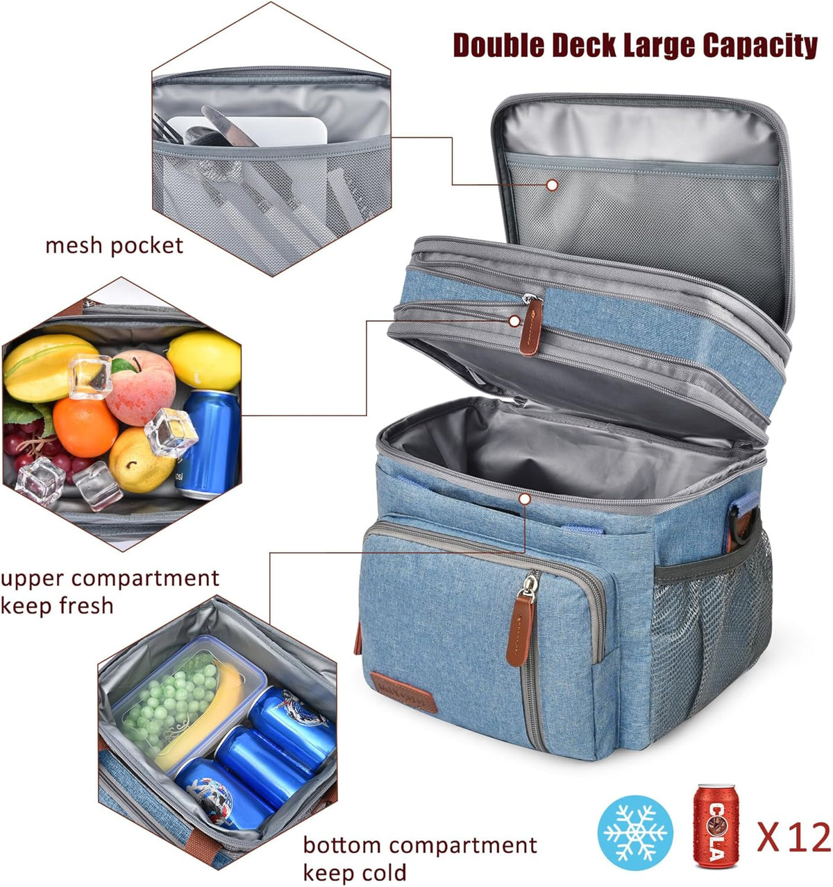Lunch Bag for Women Men Double Deck Lunch Box - Leakproof Insulated Soft Large Lunch Cooler Bag, MIYCOO (Black,15L) - PuriLite