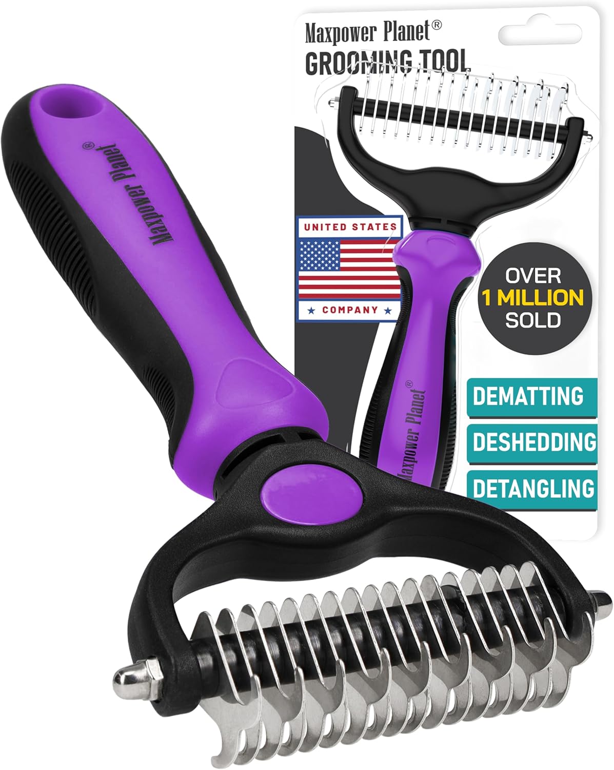 Maxpower Planet Pet Grooming Brush - Double Sided Shedding, Dematting - Undercoat Rake for Dogs - Dog Grooming Brush - Deshedding Brush for Dogs - Dog Brush, Cat Brush, Reduce Shedding by 95%, Black - PuriLite