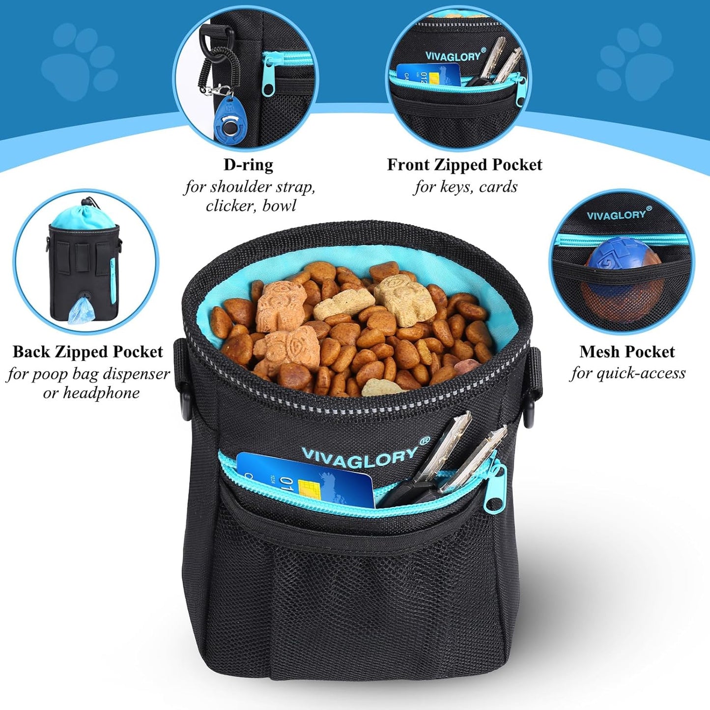VIVAGLORY Dog Training Treat Pouch, 4Ways to Wear Dog Treat Bags, Built in Dog Waste Bag Dispenser Treats Training Bags with Reflective Adjustable Shoulder Strap, Heather Blue - PuriLite