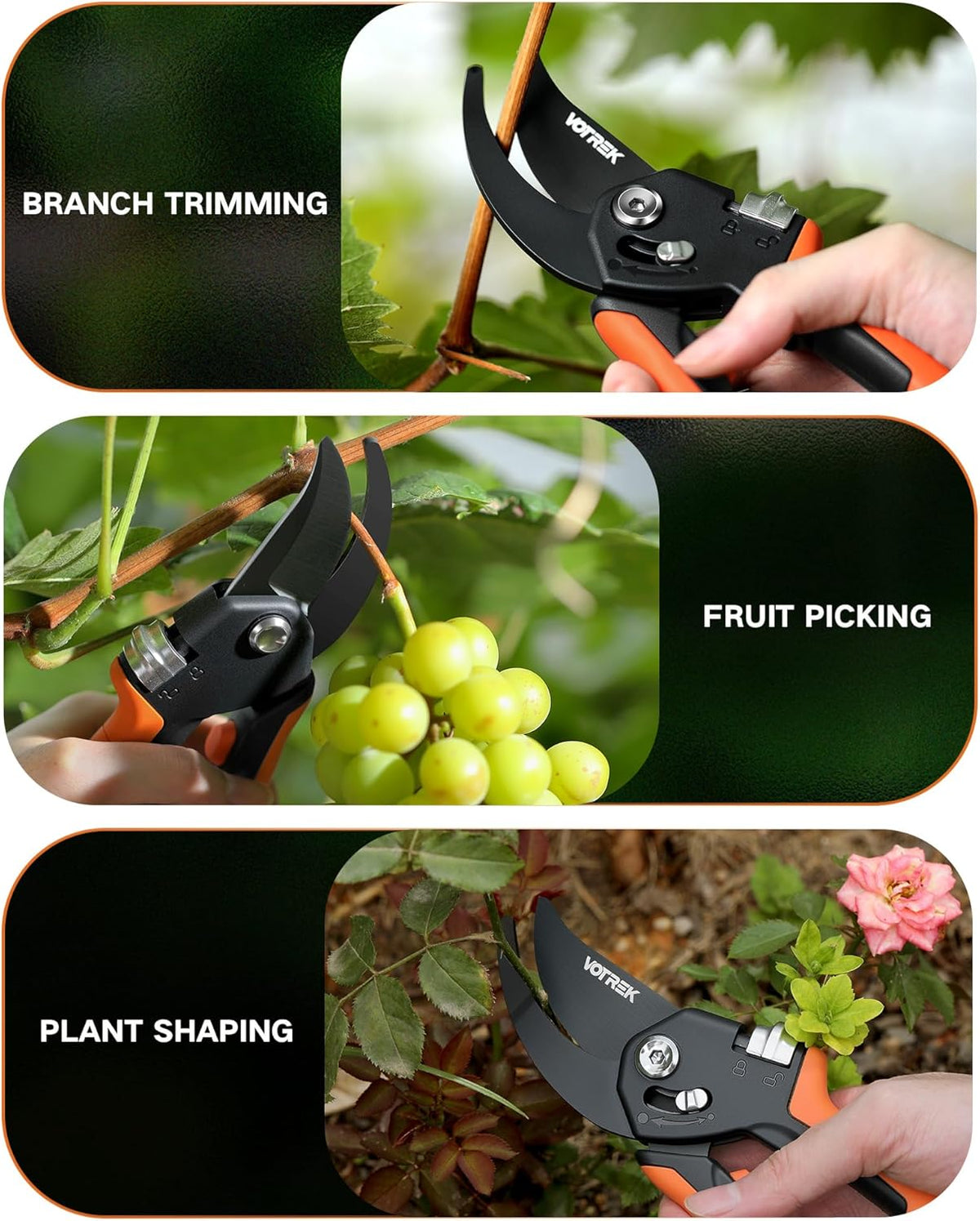 VOTREK Pruning Shears - 8.5" Heavy Duty Bypass Pruners for Gardening with Built-in Spring & SK5 Steel Blades - Ergonomic Adjustable Handle for All Hand Sizes, Garden Clipper Plant Scissors for Branch - PuriLite