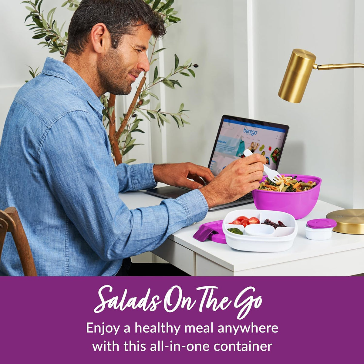 Bentgo Salad - Stackable Lunch Container with Large 54-oz Salad Bowl, 4-Compartment Bento-Style Tray for Toppings, 3-oz Sauce Container for Dressings, Built-in Reusable Fork & BPA-Free (Khaki Green) - PuriLite
