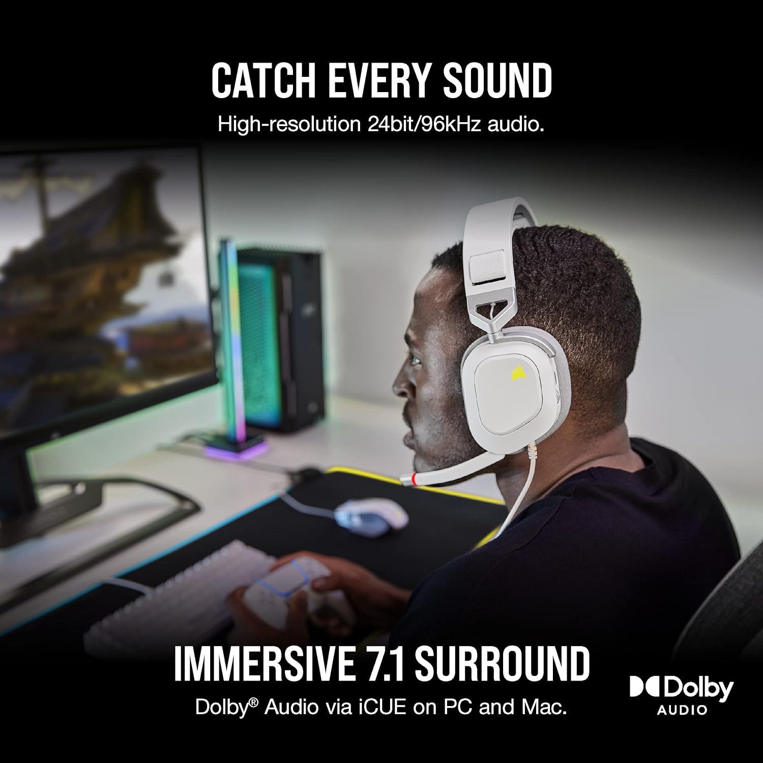 Corsair HS80 RGB USB Premium Gaming Headset with Dolby Audio 7.1 Surround Sound (Broadcast-Grade Omni-Directional Microphone, Memory Foam Earpads, High-Fidelity Sound, Durable Construction) Carbon - PuriLite