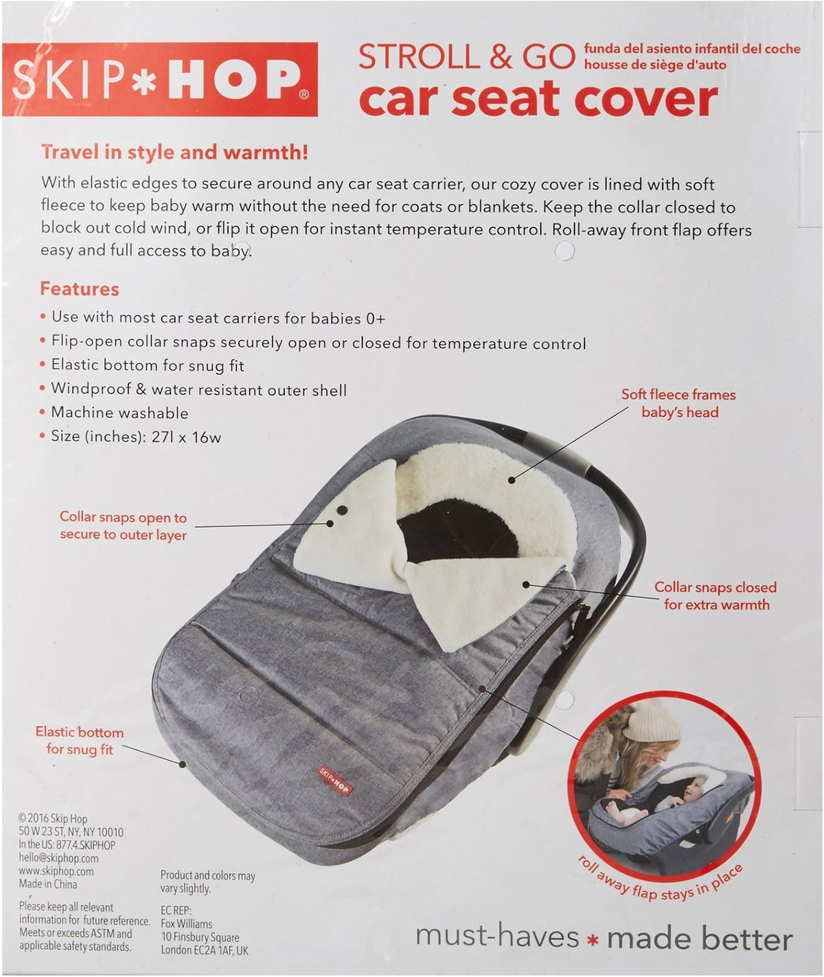 Skip Hop Winter Car Seat Cover – Stroll & Go, Black | Universal Fit Infant Car Seat Cover for Cold Weather, Windproof & Cozy Fleece Baby Carrier Cover, Zip-Off Front Flap, Warm Travel Accessory - PuriLite