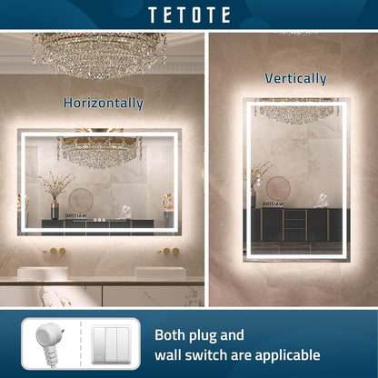 TETOTE LED Bathroom Mirror 20x28 Frontlit & Backlit Lighted Vanity Mirror Anti Fog Stepless Dimmable 3 Colors White/Warm/Natural,Double Lights,Wall-Mounted(Horizontal/Vertical) - PuriLite