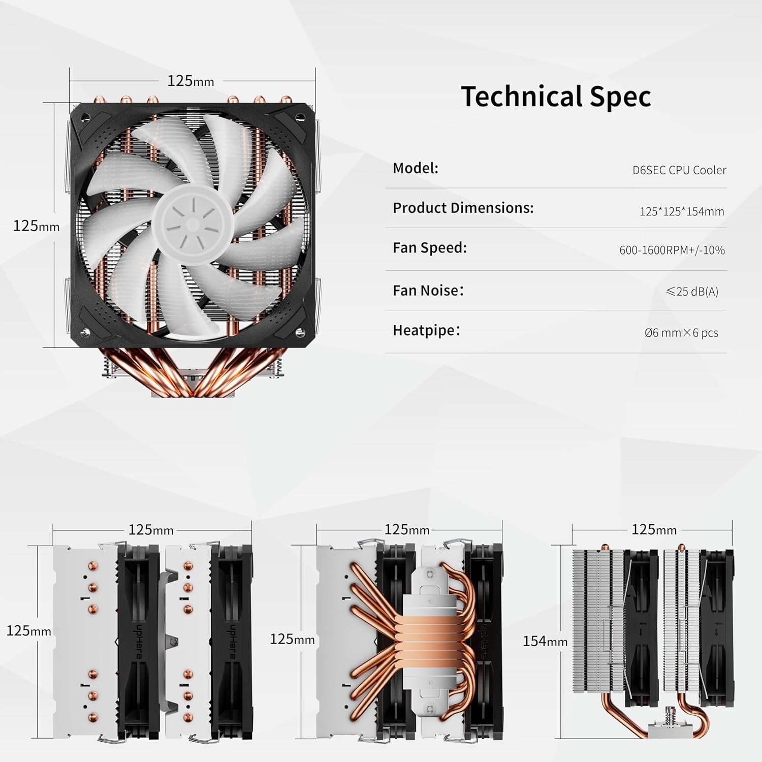 upHere D6SEC CPU Cooler, Intel LGA2011,LGA2066, LGA1700,AMD AM5/AM4/Ryzen 120mm,Dual Towers,5V ARGB - PuriLite