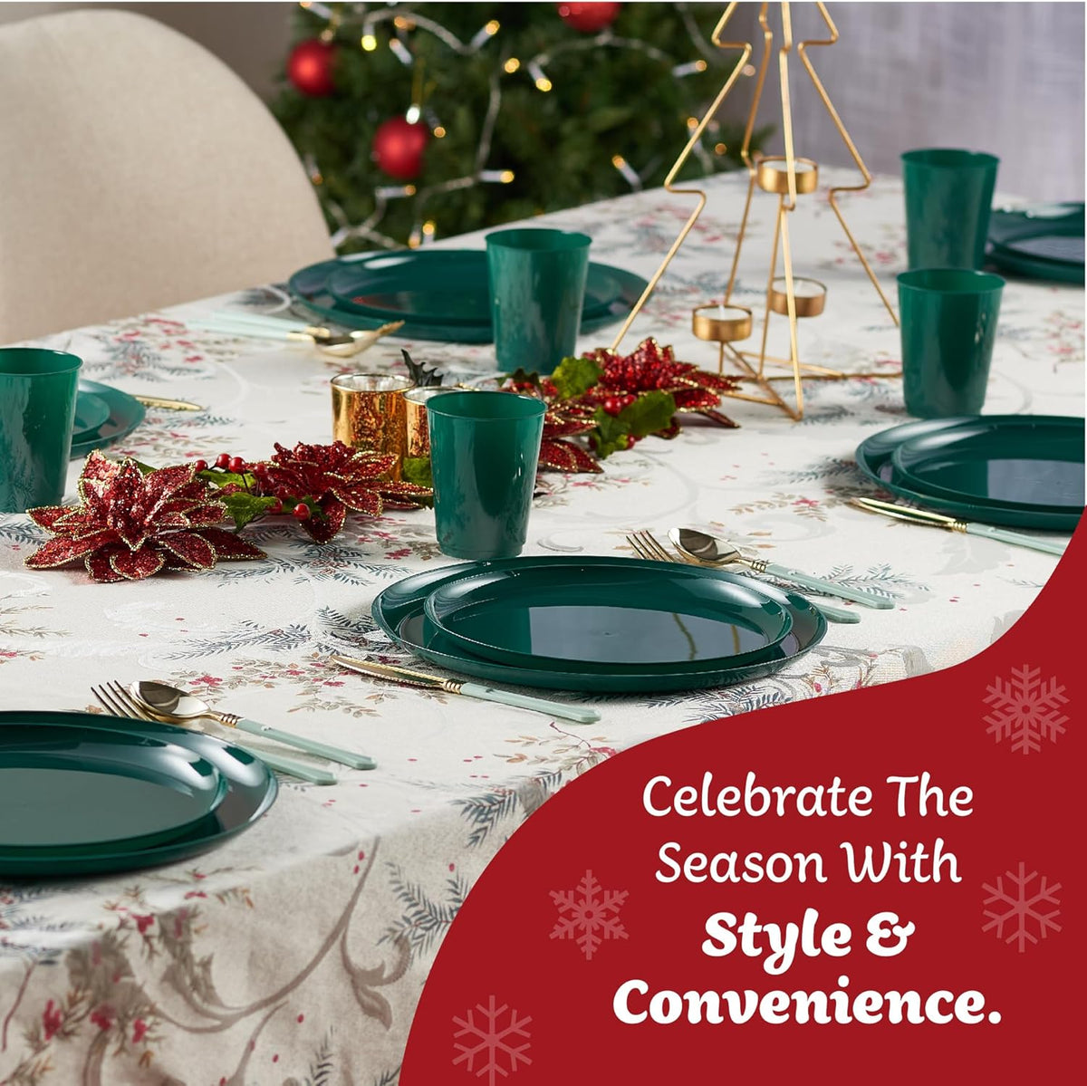 PLASTICPRO [30 Pack 10.7'' Christmass Green Plastic Party Plates Edge Collection Premium heavyweight Elegant Disposable Tableware Dishes - PuriLite