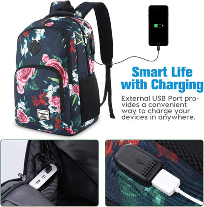 Backpack for Teen Girls,Boys School Backpack for Women with USB,College Backpack,Big Flower - PuriLite