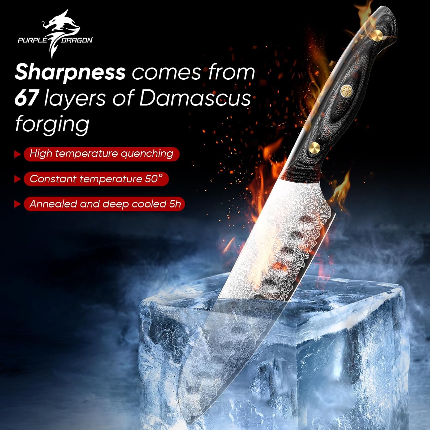 Purple Dragon Damascus Fish Fillet Knife - 7 inch Flexible Boning Knife with VG10 Core, Kitchen Slicing Knife with Full Tang Handle, Birthday Dad Mom Gift - PuriLite
