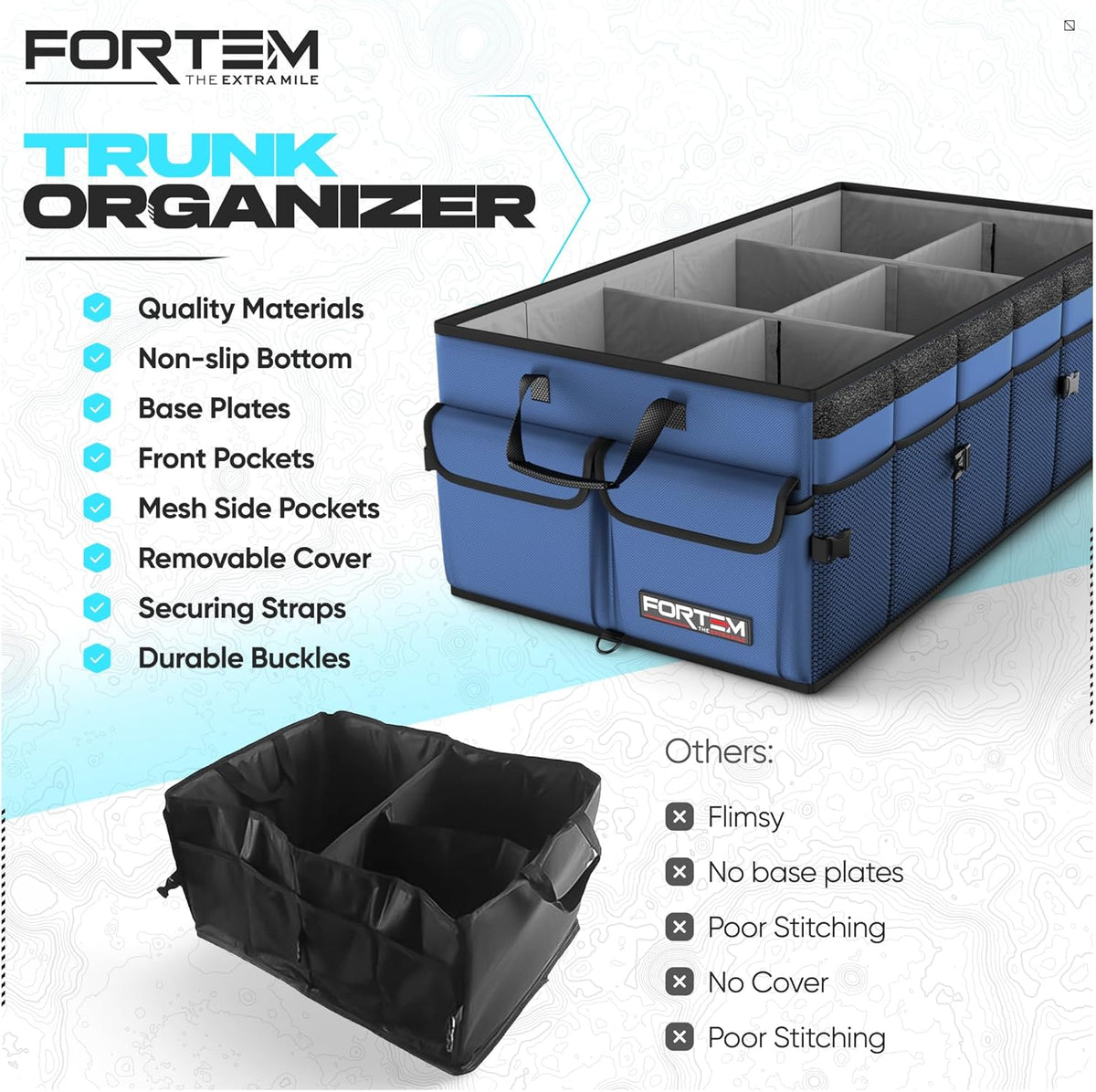 FORTEM Car Trunk Organizer, Collapsible Multi Compartment Car Organizer, Foldable SUV Storage for Car Accessories for Women Men, Non Slip Bottom, Securing Straps, Soft Cover 50L (Black, Standard) - PuriLite
