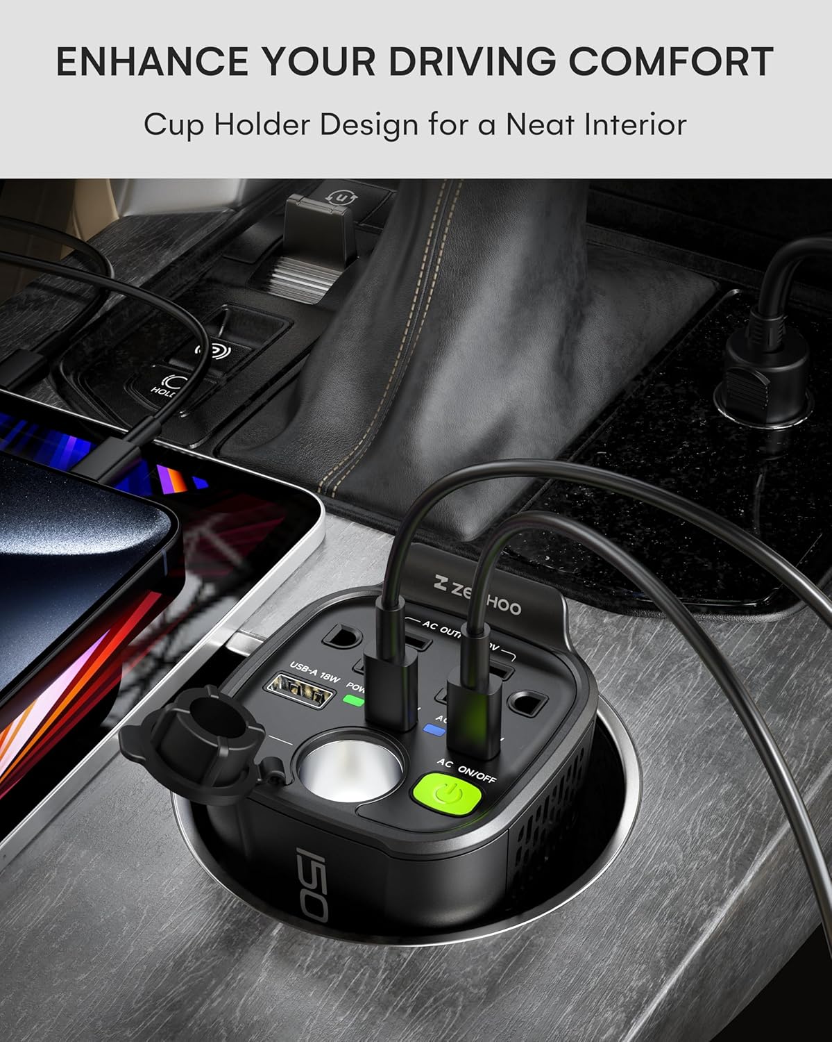 150W Car Power Inverter, 12V DC to 110V AC Car Plug Adapter Outlet Converter, with 2 AC Outlets, A 18W USB A and Dual 30W PD Car Charger, for Laptop Computer - Black - PuriLite