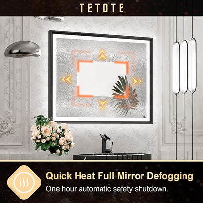 TETOTE 28x36 LED Mirror for Bathroom Black Metal Frame Frontlit & Backlit Lighted Vanity Mirror Baroque Gothic Anti Fog Stepless Dimmable White/Warm/Natural,Wall Mounted(Horizontal/Vertical) - PuriLite