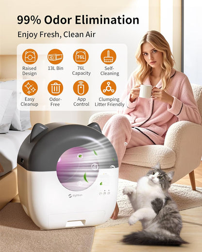 Self Cleaning Litter Box,76L Automatic Cat Litter Box Self Cleaning with APP Control,Low Noise,Safety Protection,Roll Garbage Bags,Deodorizer and Cleaning Brush for Multiple Cats - PuriLite