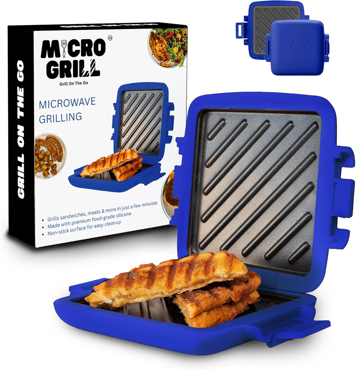 Micro Grill | Microwave Sandwich Maker - Grilled Cheese Munchy - Toastie Maker - Panini Press - Travel (Blue) - PuriLite