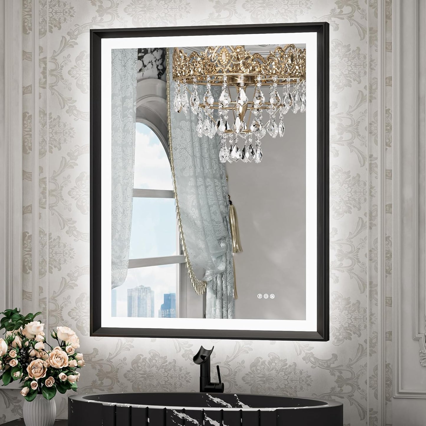 TETOTE 28x36 LED Mirror for Bathroom Black Metal Frame Frontlit & Backlit Lighted Vanity Mirror Baroque Gothic Anti Fog Stepless Dimmable White/Warm/Natural,Wall Mounted(Horizontal/Vertical) - PuriLite