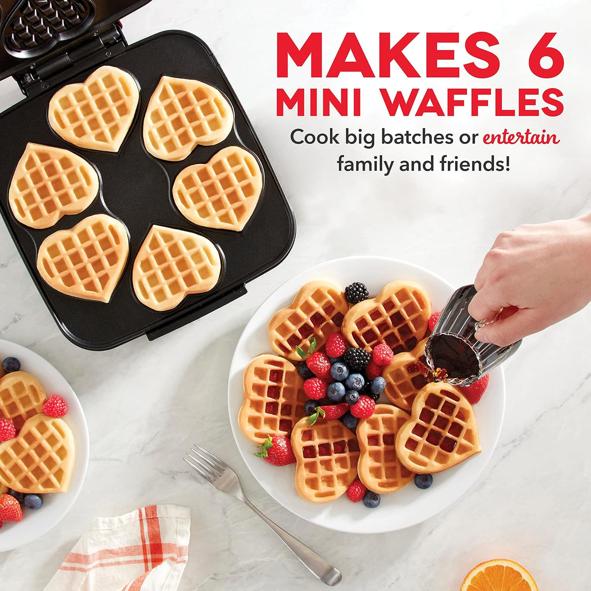 DASH Multi Mini Heart Waffle Maker - Six 3” Heart Shaped Waffle Molds, Nonstick Waffle Iron with Quick Heat-Up, Nonstick Surface - Perfect Mini Waffle Maker for Kids and Families, Just Add Batter - PuriLite