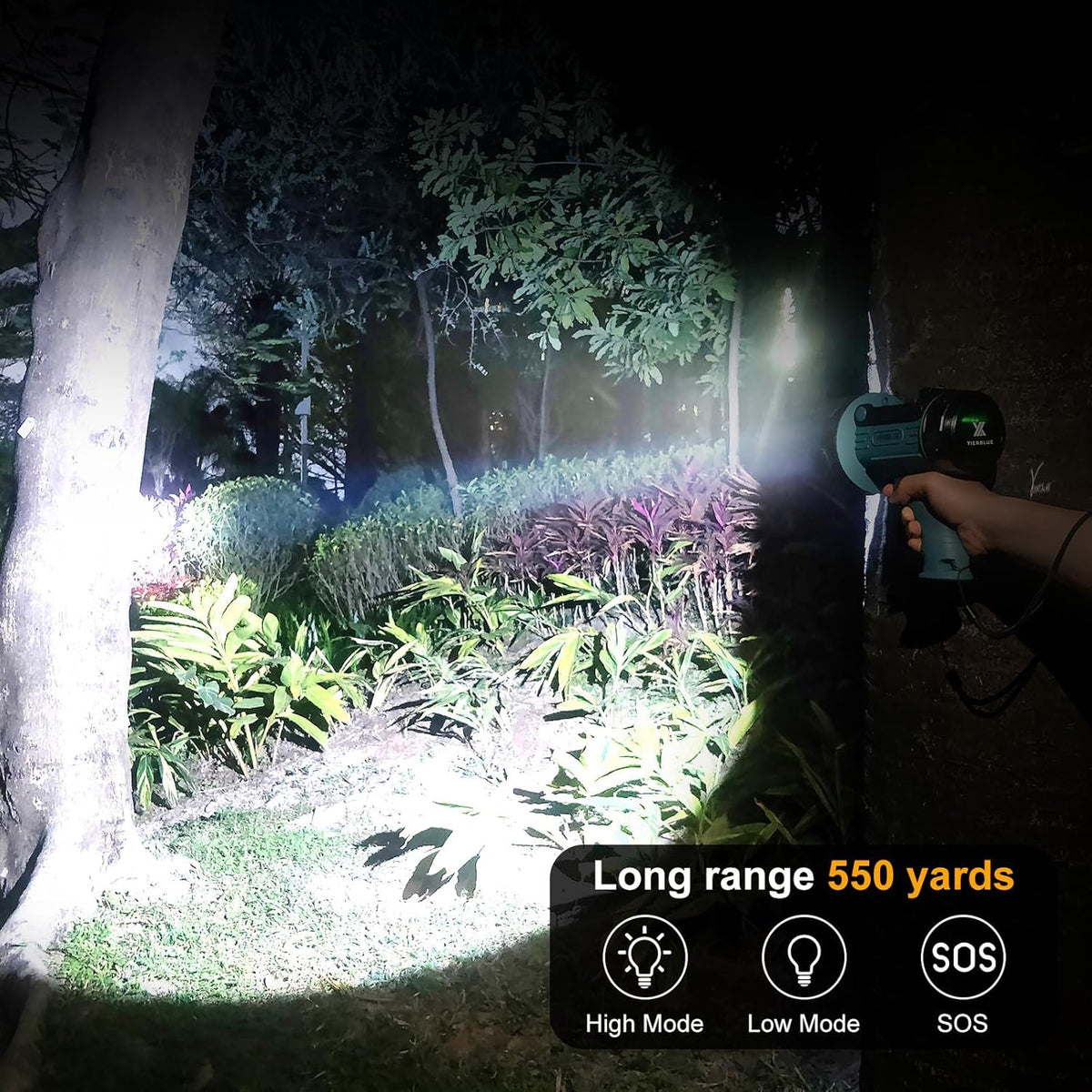 YIERBLUE Rechargeable Spotlight Flashlight with Super High Lumen LED, IP67 Waterproof Long Running Spot Light searchlight, Impact Resistant Handheld Spotlight with Foldable Stand Red Lens - PuriLite