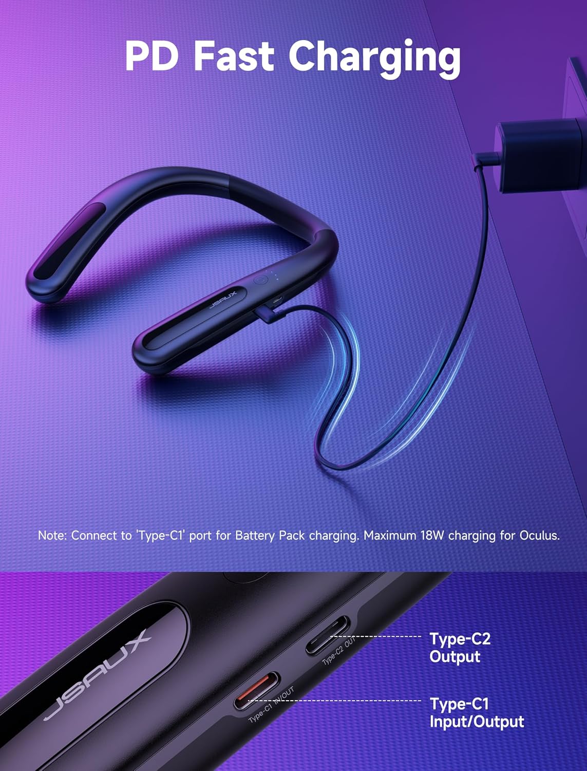 JSAUX Battery Pack for Meta Quest 3S/3/2, 10000mAh PD Fast Charger Battery Pack (Extra 4-6 H Playtime), VR Extend Power Accessories, Compatible with Oculus Quest 3/2/3S/Pro - PuriLite