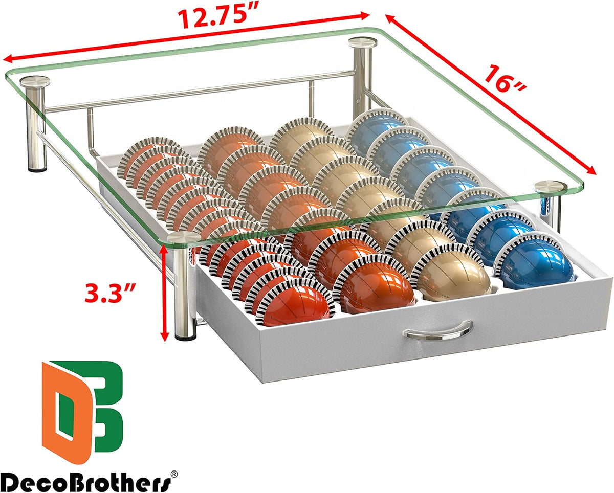 DecoBrothers Vertuo Pod Holder VertuoLine Drawer Storage for Nespresso Coffee Capsules, Crystal Tempered Glass, White - PuriLite