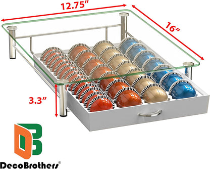 DecoBrothers Vertuo Pod Holder VertuoLine Drawer Storage for Nespresso Coffee Capsules, Crystal Tempered Glass, White - PuriLite