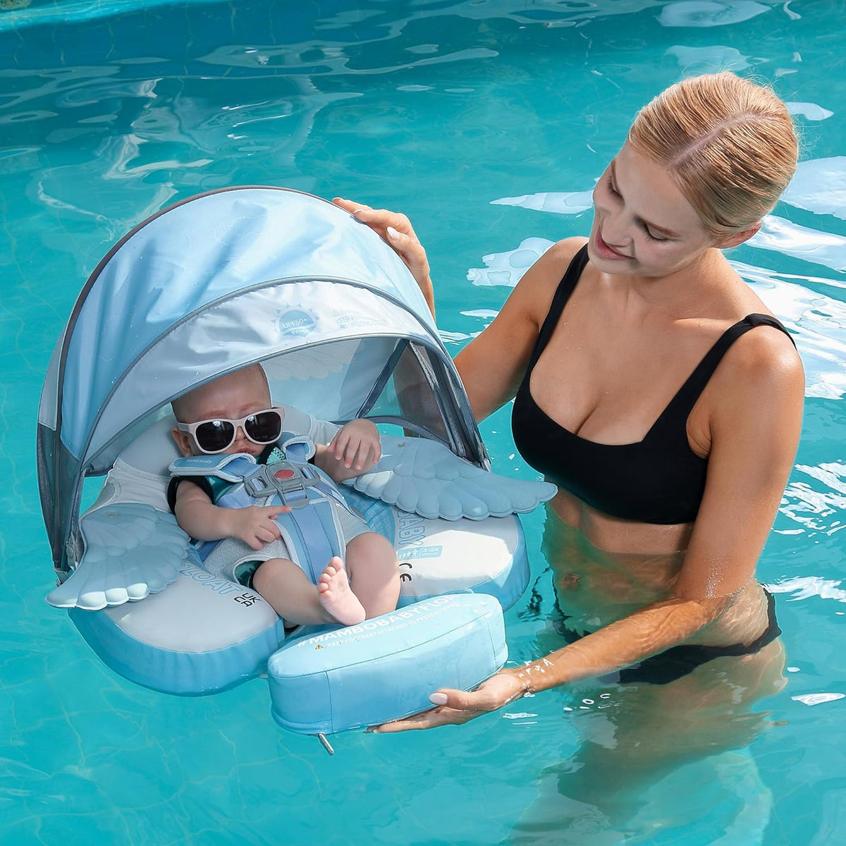 Mambobaby Baby Swim Float with Canopy, Non-Inflatable Solid Baby Float, Upgrade Soft Skin-Friendly Material Infant Swim Float - PuriLite