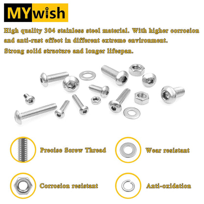 Mywish 900Pcs Metric Screw Assortment, M3 M4 M5 M6 Screw Assortment Kit 304 Stainless Steel Hex Socket Button Head Socket Cap Metric Screws Bolts & Flat Washers/Nuts/Hex Wrenches 16 Sizes 8MM to 20MM - PuriLite