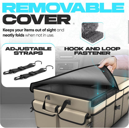 FORTEM Car Trunk Organizer, Collapsible Multi Compartment Car Organizer, Foldable SUV Storage for Car Accessories for Women Men, Non Slip Bottom, Securing Straps, Soft Cover 50L (Black, Standard) - PuriLite