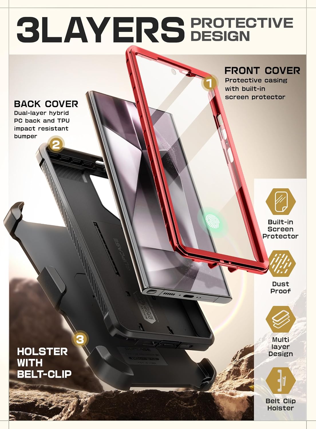 SUPCASE Unicorn Beetle Pro Case for Samsung Galaxy S23 Ultra 5G (2023), [Extra Front Frame] Full-Body Dual Layer Rugged Belt-Clip & Kickstand Case with Built-in Screen Protector (Black) - PuriLite