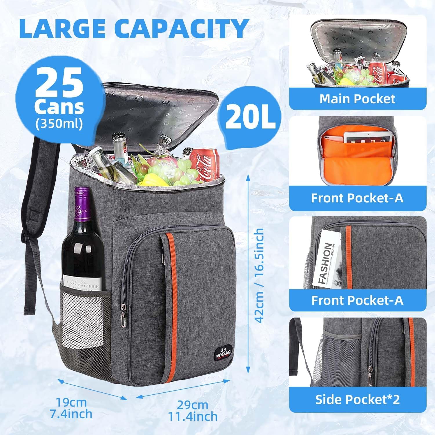 Bagtopia Camping Cooler Backpack 25 Cans, Leak Proof Insulated Thermal Bag, Beach Travel Picnic Lunch Backpack for Men Women - PuriLite