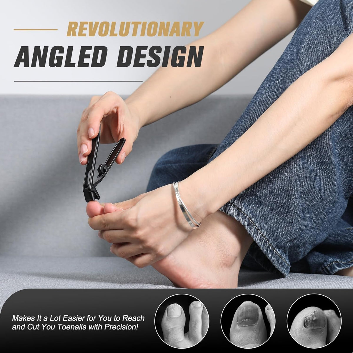 FERYES Angled Head Long Handled Toenail Clipper for Seniors - Large Wide Jaw Nail Clipper with Catcher for Thick Nails - Easier Trimming, Ergonomic Design (Black) - PuriLite