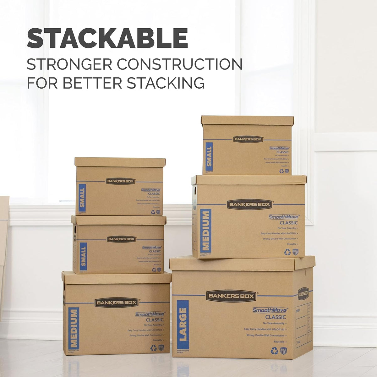 Bankers Box SmoothMove Classic Moving Kit Boxes, Tape-Free Assembly, Easy Carry Handles, 8 Small 4 Medium, 12 Pack(7716403) - PuriLite