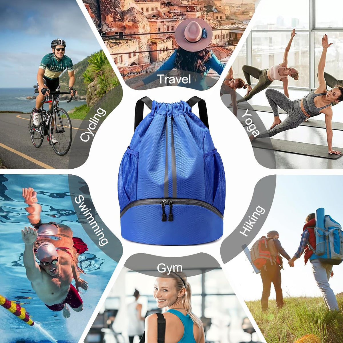Hoedia Sports Drawstring Backpack - String Swim Gym Bag with Shoes Compartment and Wet Proof Pocket for Women/Men - PuriLite