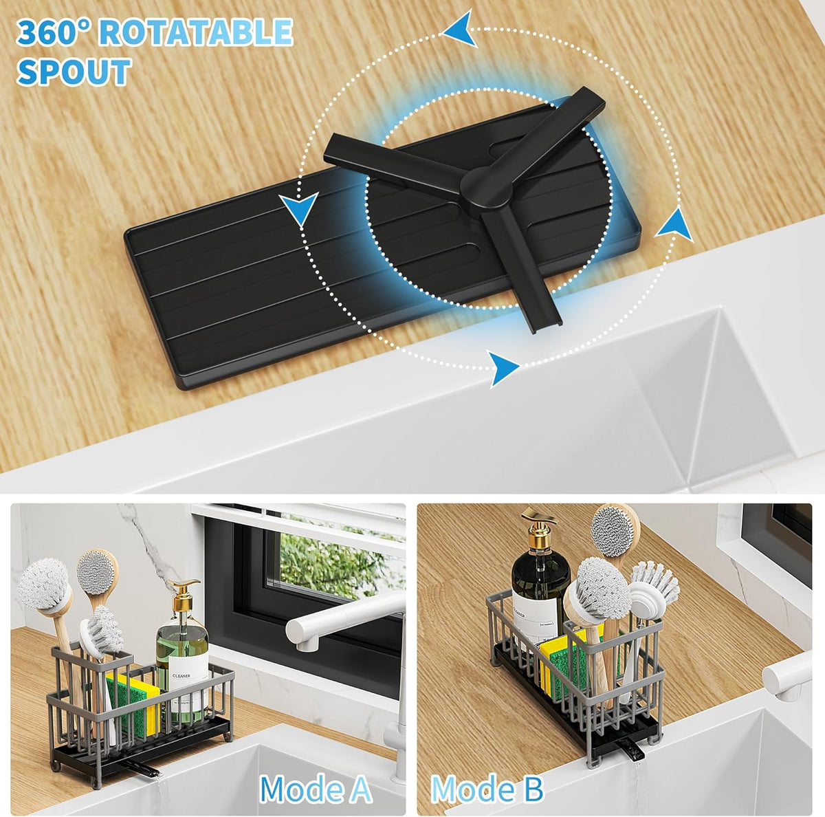 Cisily Sponge Holder for Kitchen Sink, Sink Caddy with High Brush Holder, Organzier Rustproof 304 Stainless Steel Dish Organizer Divider, Soap Dispenser Storage (Black) - PuriLite