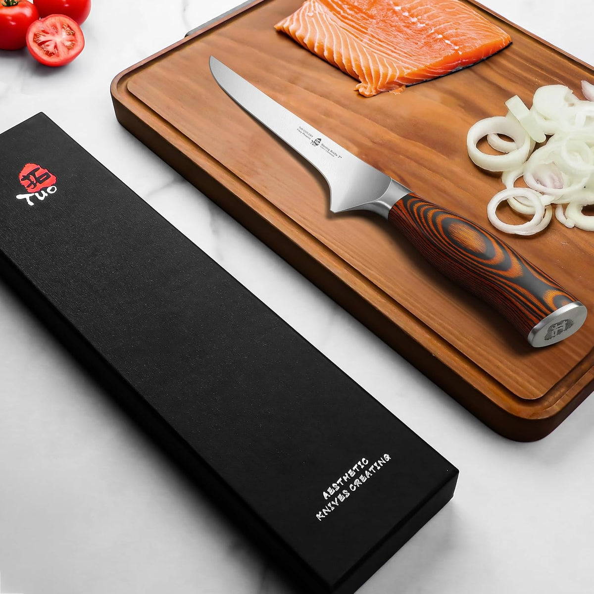 TUO Boning Knife - Razor Sharp Fillet Knife - High Carbon German Stainless Steel Kitchen Cutlery - Pakkawood Handle - Luxurious Gift Box Included - 7 inch - Fiery Phoenix Series - PuriLite