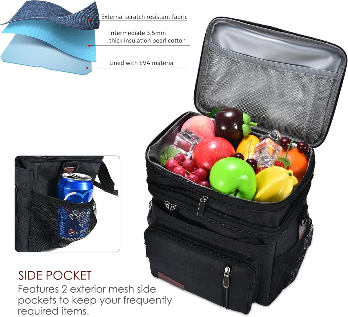 Lunch Bag for Women Men Double Deck Lunch Box - Leakproof Insulated Soft Large Lunch Cooler Bag, MIYCOO (Black,15L) - PuriLite
