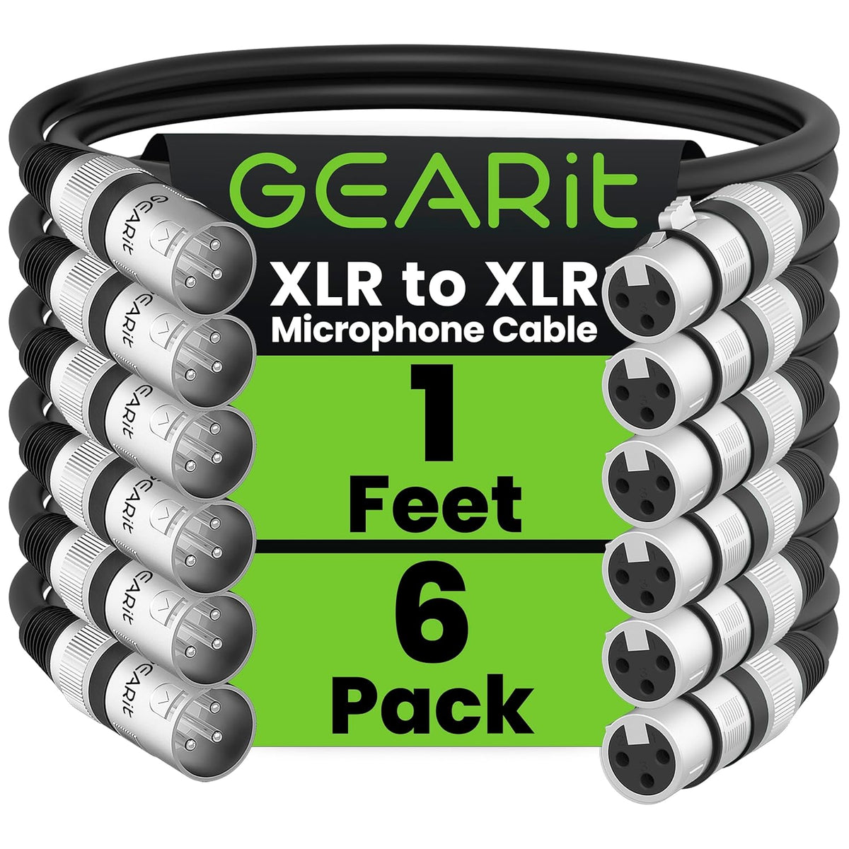 GEARit XLR Male to Female Microphone Cable (10 Feet, 6-Pack) 3-Pin Balanced Shielded Mixer, Recording Studio, Podcast - Black - PuriLite