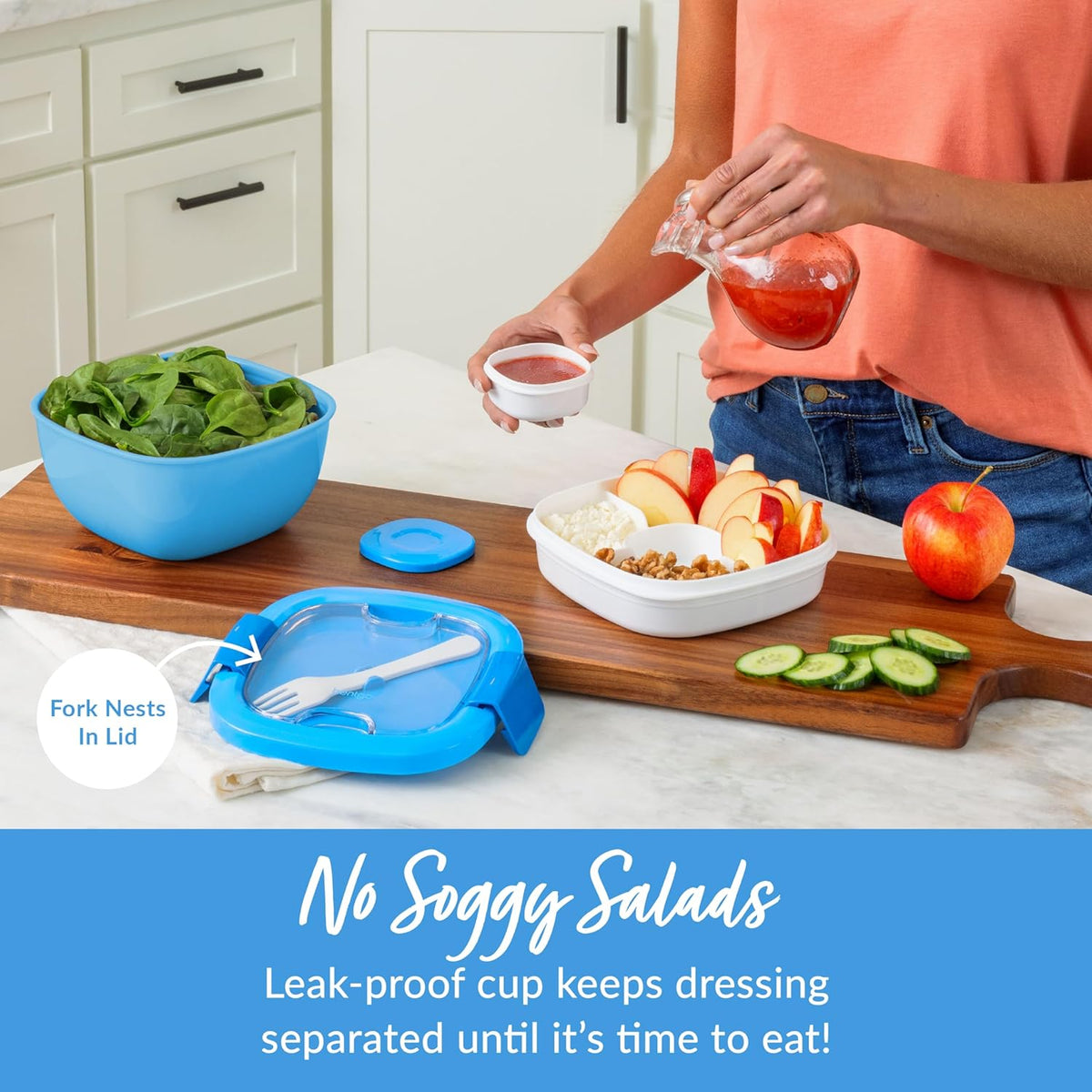 Bentgo Salad - Stackable Lunch Container with Large 54-oz Salad Bowl, 4-Compartment Bento-Style Tray for Toppings, 3-oz Sauce Container for Dressings, Built-in Reusable Fork & BPA-Free (Khaki Green) - PuriLite