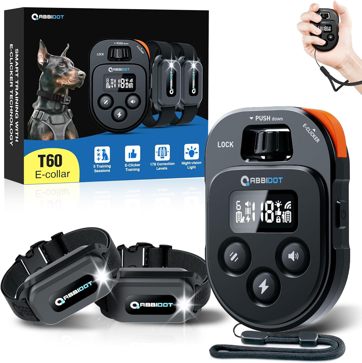 ABBIDOT Shock Collar 2 Dogs - 4500ft Dog Training Collar, 178 Levels, E-cliker, Waterproof Remote & Collar, Night Light E Collar for Small Medium Large Dogs (Black, 2 Collars) - PuriLite