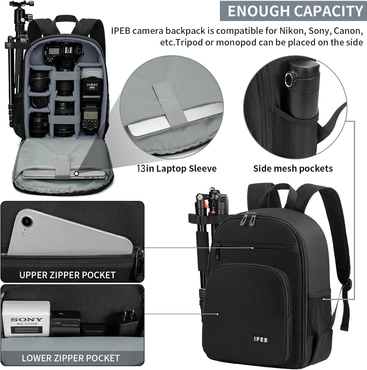 IPEB Camera Backpack Bag with Tripod Holder Water Resistant Camera Cases Photography Backpack Anti-Theft for DSLR Camera - PuriLite