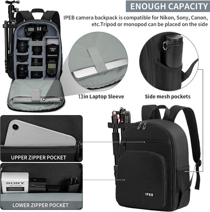 IPEB Camera Backpack Bag with Tripod Holder Water Resistant Camera Cases Photography Backpack Anti-Theft for DSLR Camera - PuriLite