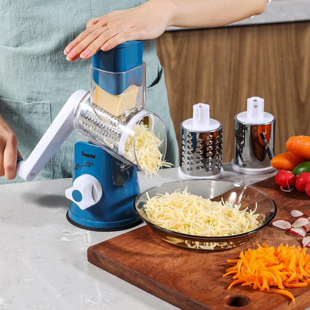Geedel Kitchen Cheese Grater, Rotary Mandoline Vegetable Slicer with Interchangeable Blades, Easy to Use Rotary Grater Slicer for Fruit, Vegetables, Nuts - PuriLite