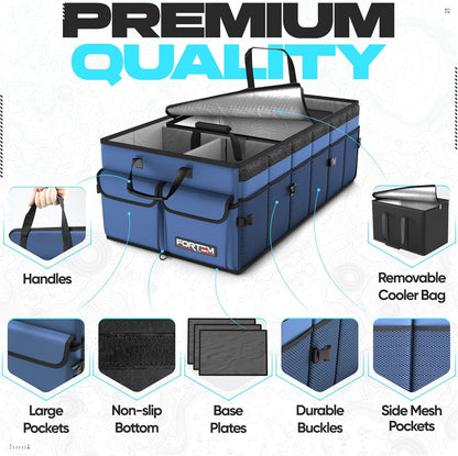 FORTEM Car Trunk Organizer, Collapsible Multi Compartment Car Organizer, Foldable SUV Storage for Car Accessories for Women Men, Non Slip Bottom, Securing Straps, Soft Cover 50L (Black, Standard) - PuriLite