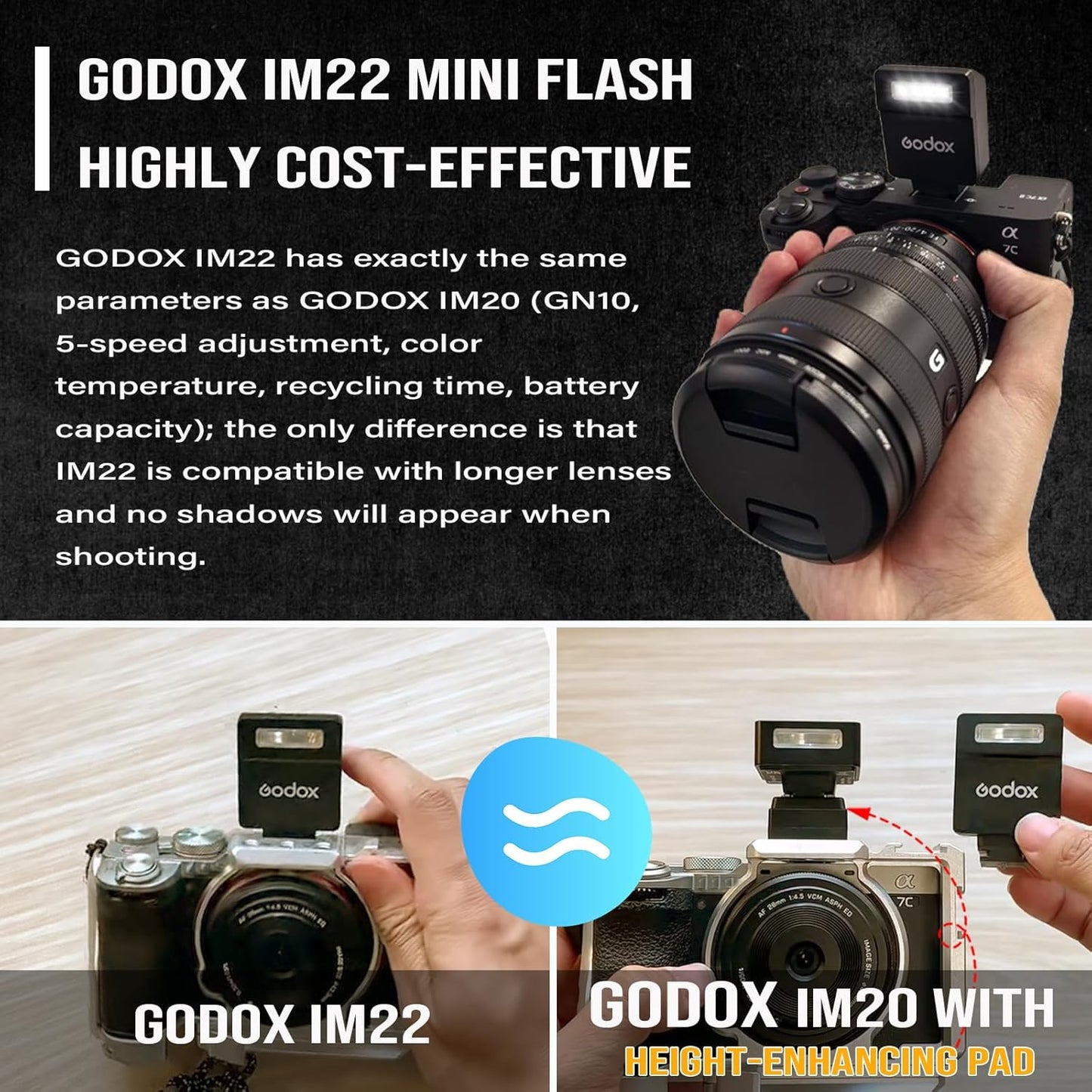 Godox Flash Godox iM22 Mini Camera Flash - GN10/470 mAh/Type-c Charge/440 Full-Power Flashes/3s Recycle Times/5 Power Levels/Manual, Camera Flash for Sony zv1/Sony zve10/Ricoh gr3/Fujifilm f1 etc. - PuriLite