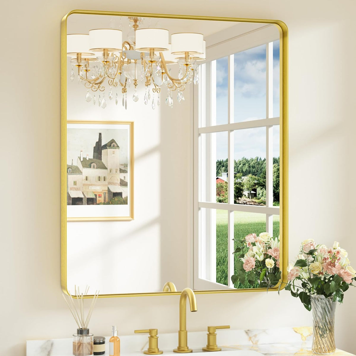 Keonjinn 42 x 36 Brushed Nickel Bathroom Vanity Mirror, Large Rounded Rectangle Bathroom Mirrors for over Sink, Metal Framed Silver Mirror for Wall, Shatterproof HD Tempered Glass(Horizontal/Vertical) - PuriLite