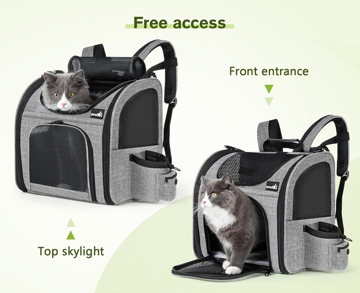 Pecute Cat Backpack with Breathable Mesh, Dog Backpack Carrier with Multi-Pockets for Cats Puppies, Pet Backpack Carrier for Travel Hiking Camping Outdoor （Gray） - PuriLite