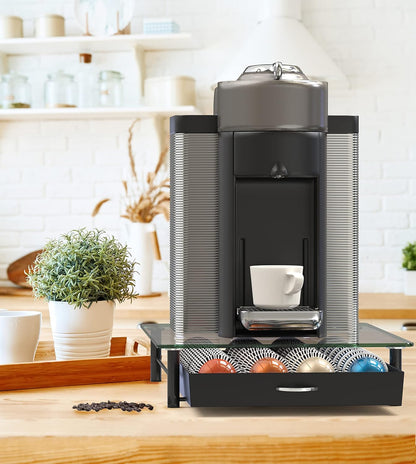 DecoBrothers Vertuo Pod Holder VertuoLine Drawer Storage for Nespresso Coffee Capsules, Crystal Tempered Glass, White - PuriLite