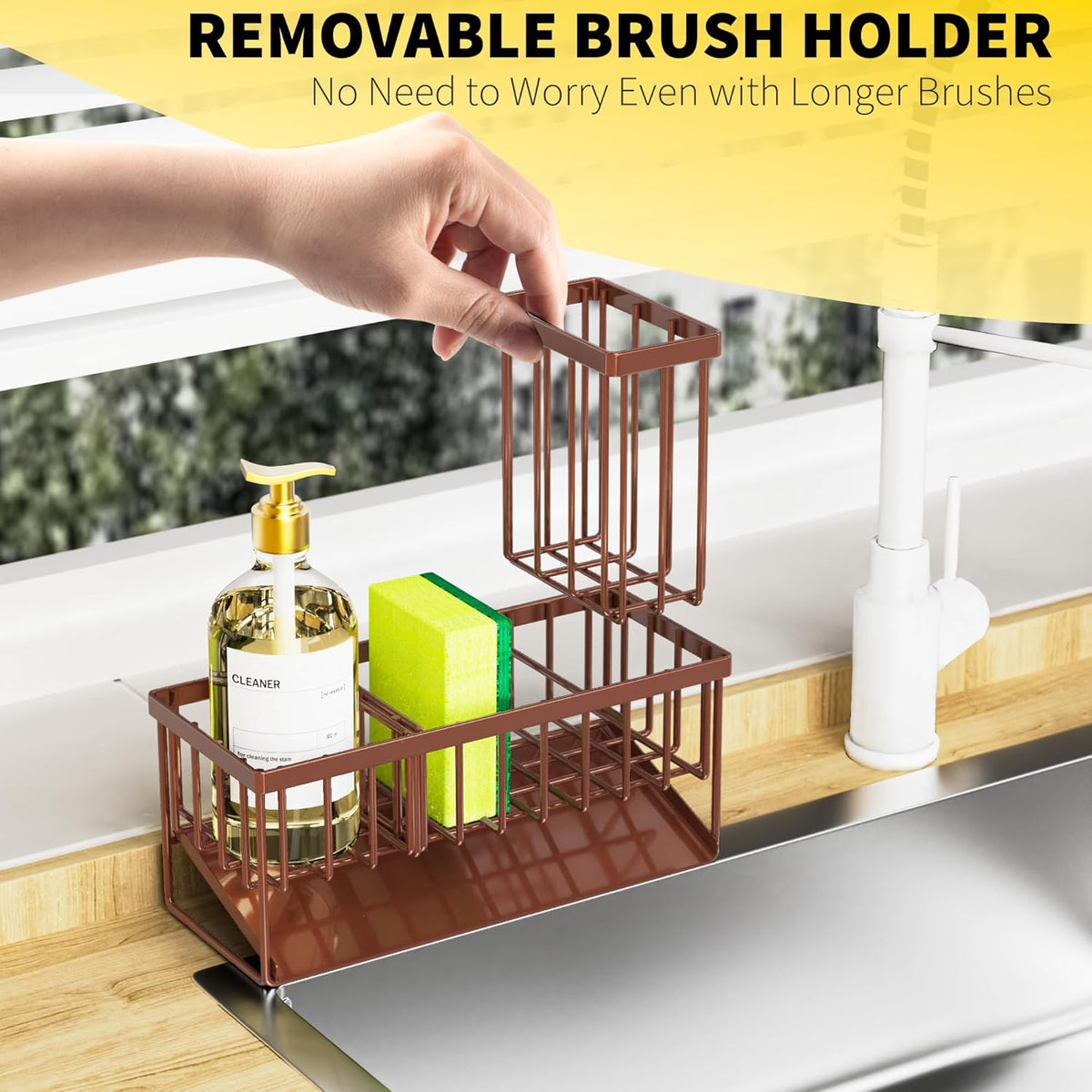 Cisily Kitchen Sink Caddy Organzier with High Brush Holder, Sponge Holder for Sink, 304 Rustproof Stainless, Kitchen Countertop Soap Dispenser Organizer, Kitchen Decor and Accessories (Black) - PuriLite