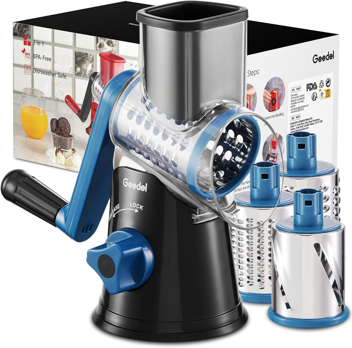 Geedel Kitchen Cheese Grater, Rotary Mandoline Vegetable Slicer with Interchangeable Blades, Easy to Use Rotary Grater Slicer for Fruit, Vegetables, Nuts - PuriLite
