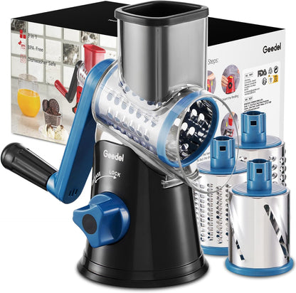 Geedel Kitchen Cheese Grater, Rotary Mandoline Vegetable Slicer with Interchangeable Blades, Easy to Use Rotary Grater Slicer for Fruit, Vegetables, Nuts - PuriLite