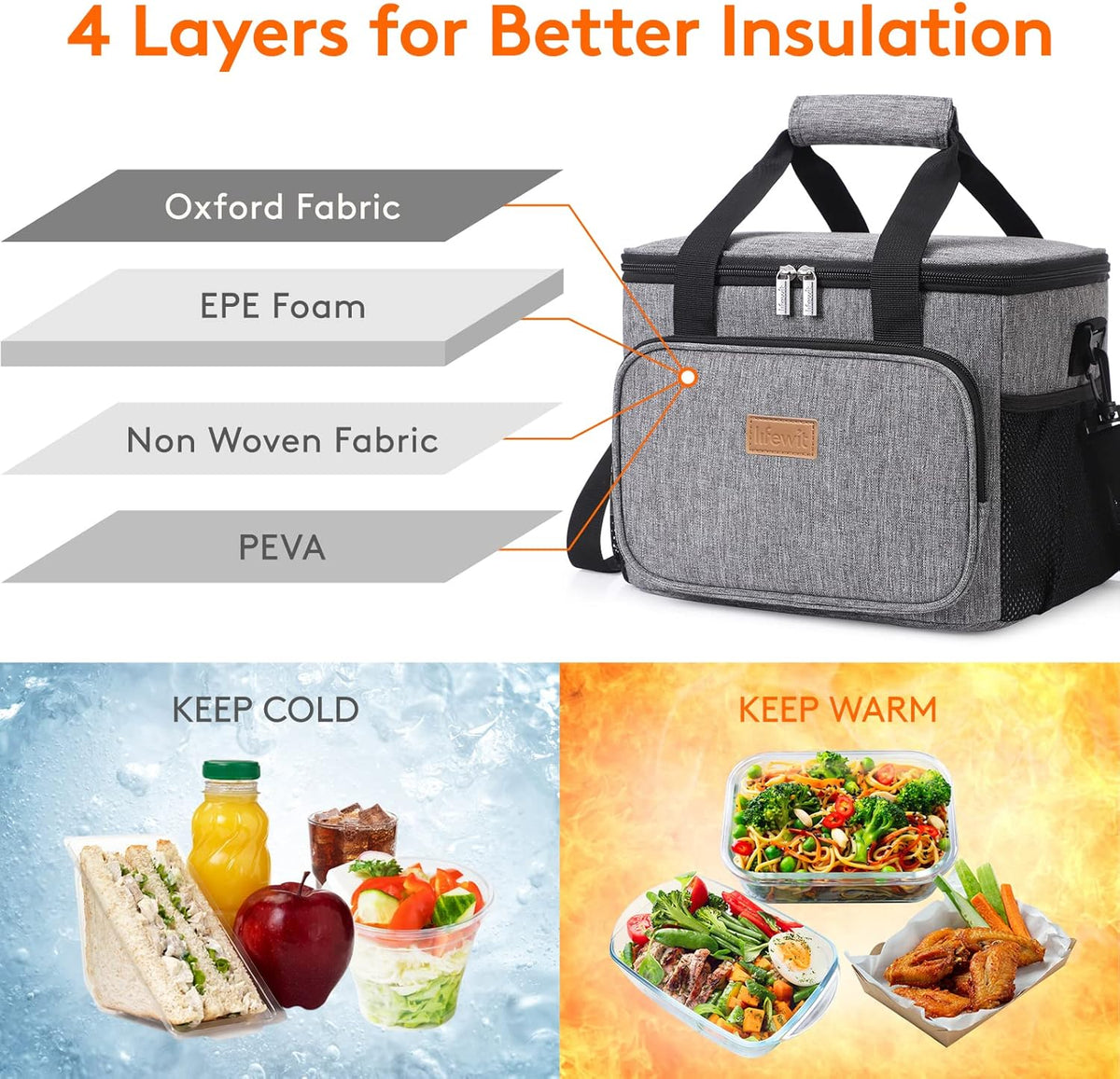 Lifewit Large Lunch Bag for Adults, 24-Can 15L Insulated Lunch Box Leakproof Soft Cooler Cooling Tote for Men Women, Waterproof Reusable Cooler Bags for Work Office Outdoor Picnic Camping, Black - PuriLite
